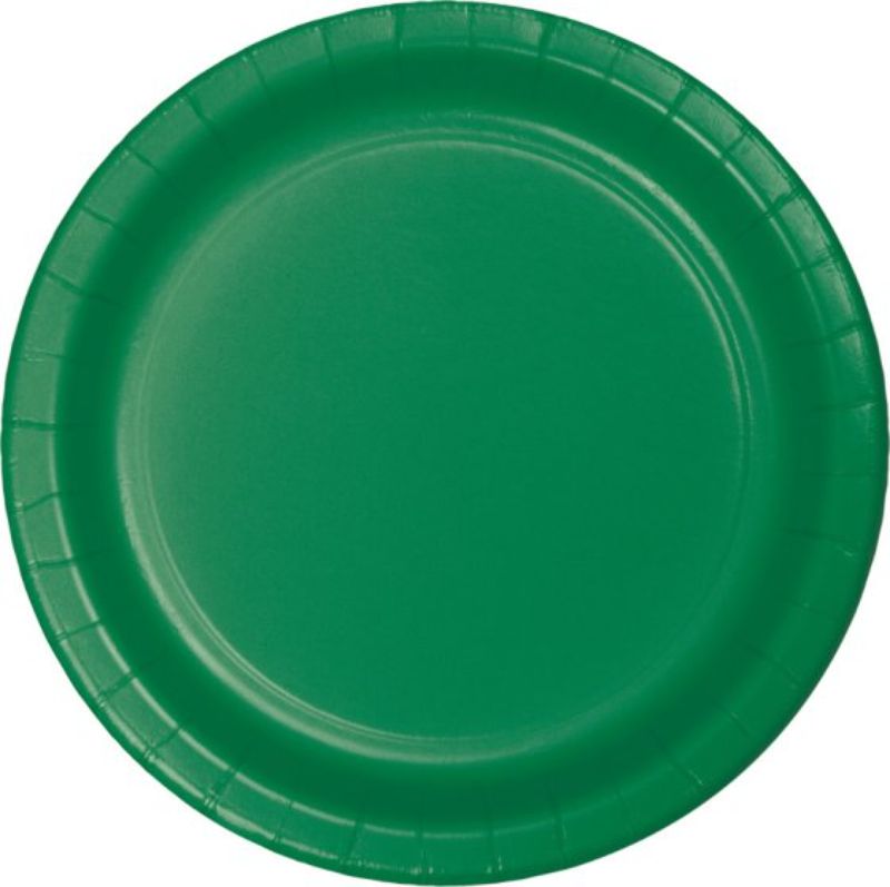 Pack of 24 emerald green 23cm paper dinner plates, perfect for stylish, eco-friendly dining at events and gatherings.
