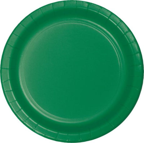 Pack of 24 emerald green 23cm paper dinner plates, perfect for stylish, eco-friendly dining at events and gatherings.