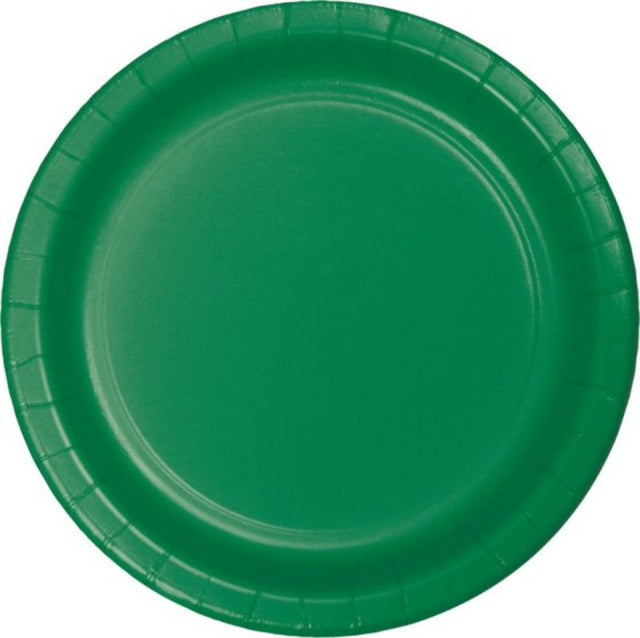 Pack of 24 emerald green 23cm paper dinner plates, perfect for stylish, eco-friendly dining at events and gatherings.