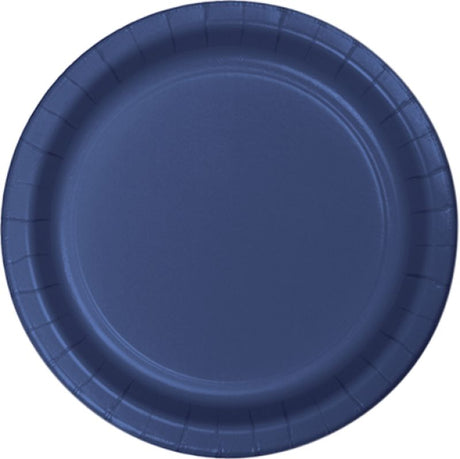 Pack of 24 navy blue paper dinner plates, 23cm, perfect for stylish dining at any occasion.