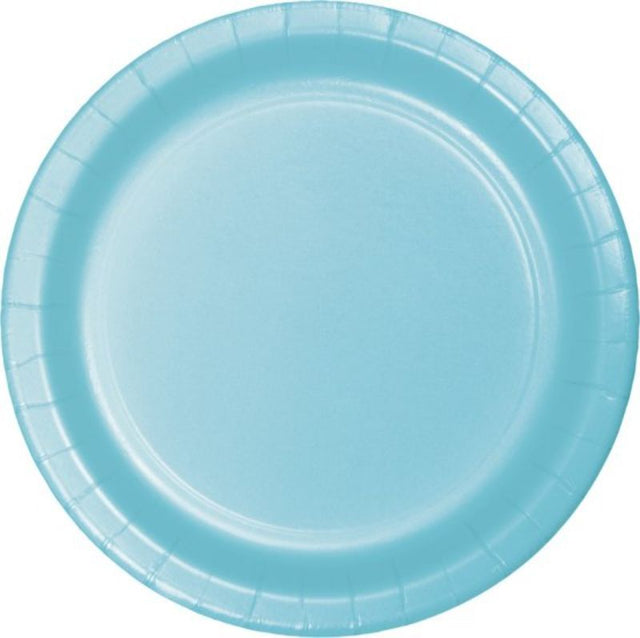 Pack of 24 pastel blue 23cm paper dinner plates, perfect for stylish, disposable dining at parties and gatherings.