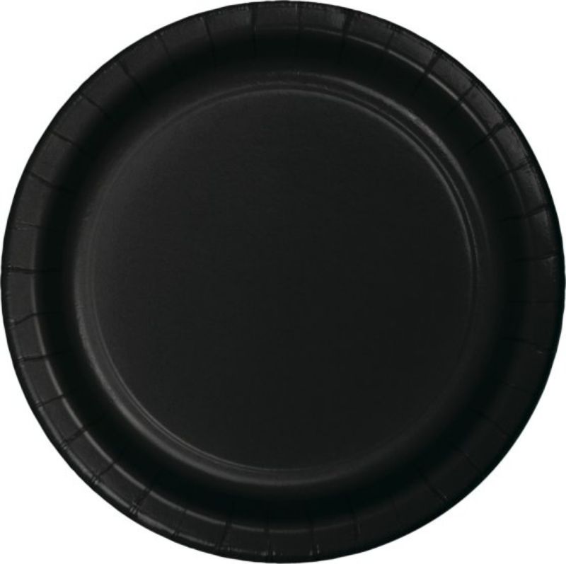 Elegant black velvet lunch plates, 18cm, pack of 24, perfect for stylish dining and eco-friendly parties.