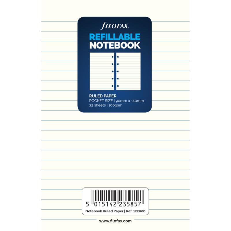 Filofax Notebook Pocket Notes Ruled Refill with 32 high-quality sheets for organized note-taking and portability.