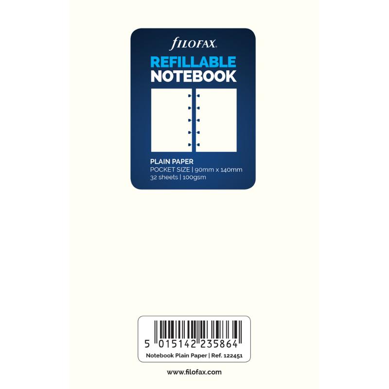 Filofax Notebook Pocket Notes Plain Refill with 32 sheets of 100gsm paper for sketching and note-taking on the go.