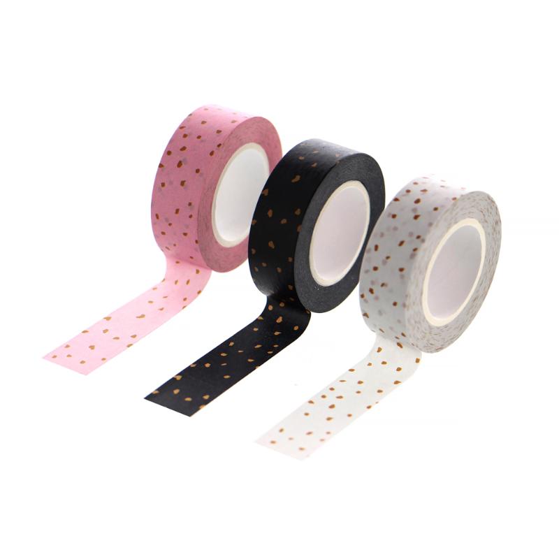 Set of three confetti washi tapes in Charcoal, Pink, and White for creative planning and crafting.