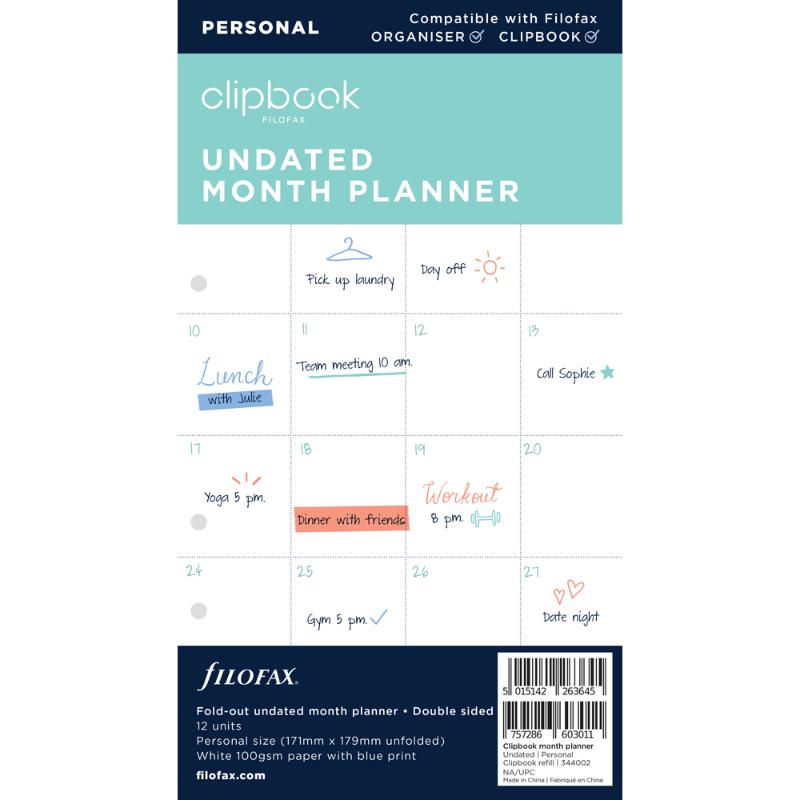 Filofax Clipbook Personal Monthly Planner Refill
