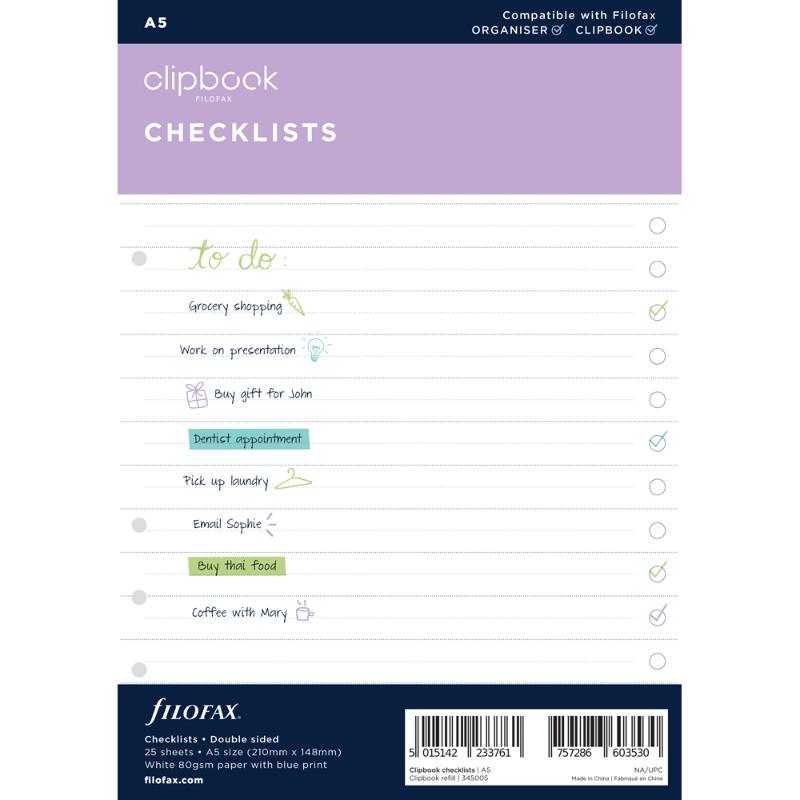 Filofax Clipbook A5 To Do Refill with tick-box trackers, 25 double-sided sheets of durable, eco-friendly paper.