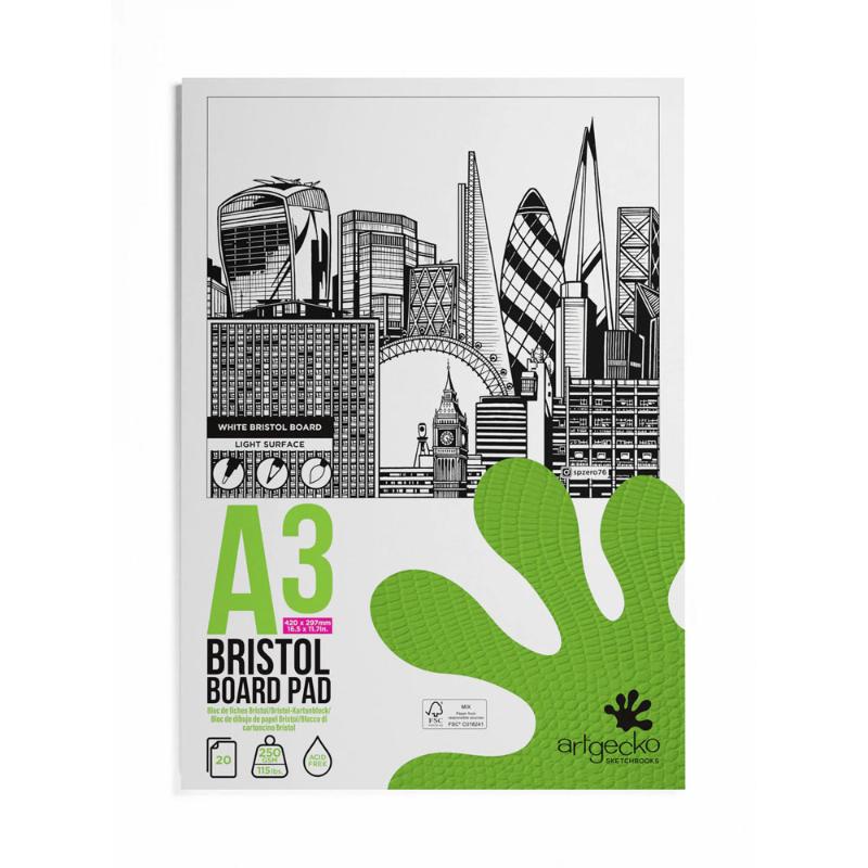 ArtGecko Pro Bristol Board Pad A3 with 20 durable 250gsm sheets for versatile artistic mediums.