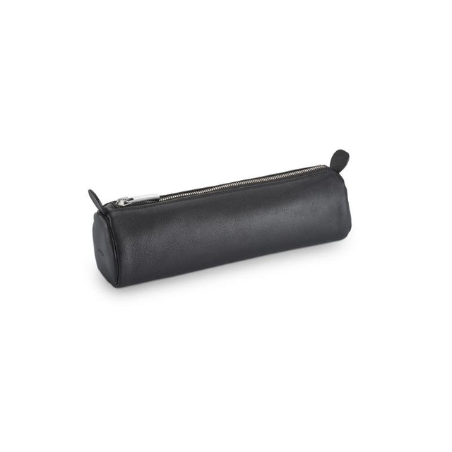 Lamy Pen Case A404 Round, sleek black calfskin leather with polished zipper, perfect for organizing pens elegantly.