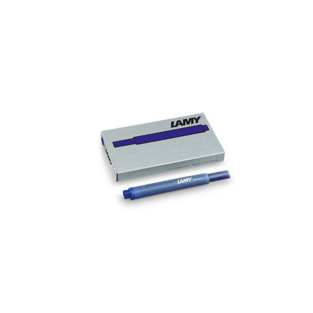 Five blue Lamy T10 ink cartridges designed for smooth writing compatibility with most Lamy fountain pens.