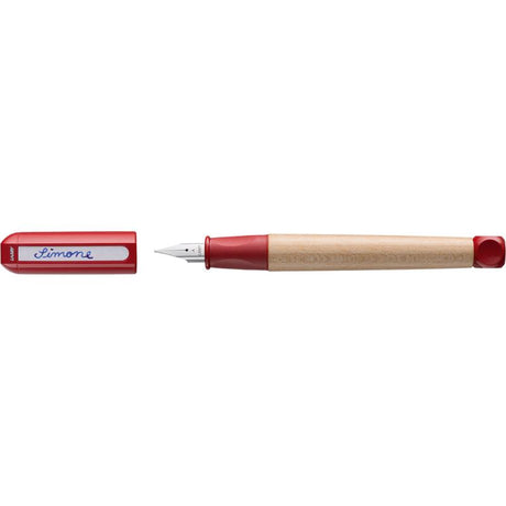 Lamy ABC Fountain Pen A Red: ergonomic design for kids, polished steel nib, and vibrant maple wood barrel, ideal for young writers.
