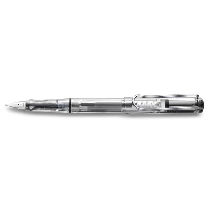 Lamy Safari Fountain Pen Vista with transparent barrel, medium nib, and ergonomic grip, ideal for smooth writing in blue ink.