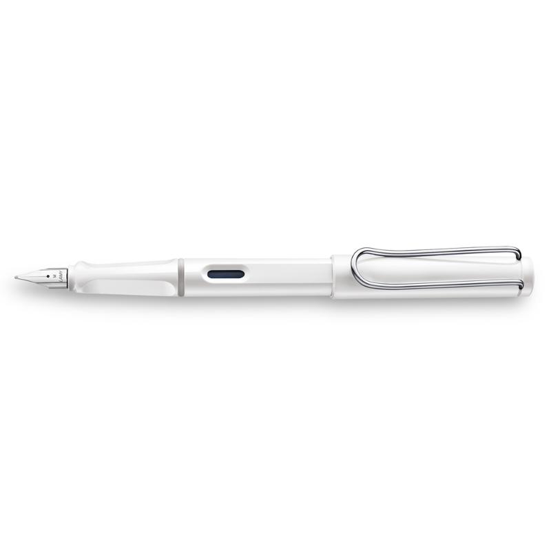 Lamy Safari Fountain Pen in white features a sleek ABS body, ergonomic grip, and polished steel nib for smooth writing.