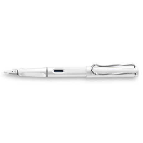 Lamy Safari Fountain Pen in white features a sleek ABS body, ergonomic grip, and polished steel nib for smooth writing.