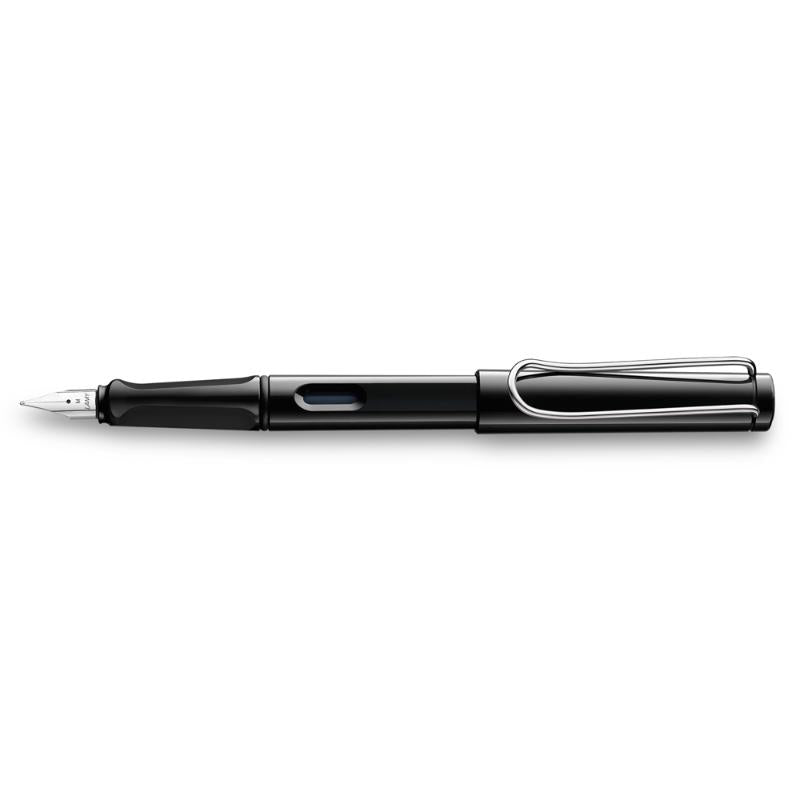 Lamy Safari Fountain Pen in black, ergonomic design, polished steel nib, includes blue ink cartridge, perfect for stylish writing.