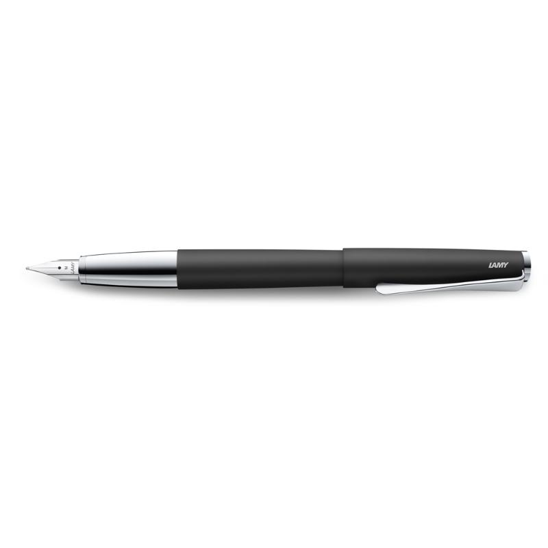 Lamy Studio Fountain Pen in matte black with medium nib, featuring sleek design and chrome propeller clip for elegant writing.