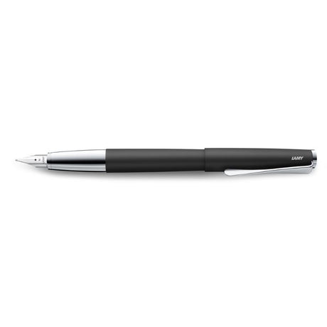 Lamy Studio Fountain Pen in matte black with medium nib, featuring sleek design and chrome propeller clip for elegant writing.