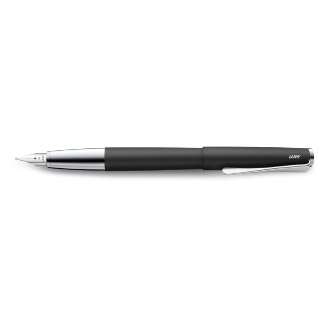 Lamy Studio Fountain Pen in matte black with medium nib, featuring sleek design and chrome propeller clip for elegant writing.