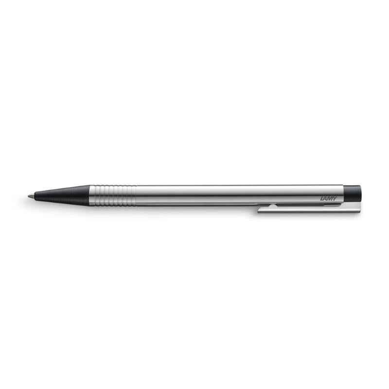 Lamy Logo Ballpoint Pen in stainless steel with chrome tip and cushioned clip, ideal for elegant and efficient writing.