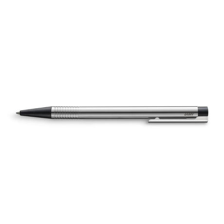 Lamy Logo Ballpoint Pen in stainless steel with chrome tip and cushioned clip, ideal for elegant and efficient writing.