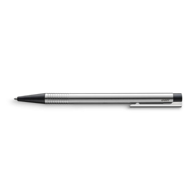Lamy Logo Ballpoint Pen in stainless steel with chrome tip and cushioned clip, ideal for elegant and efficient writing.