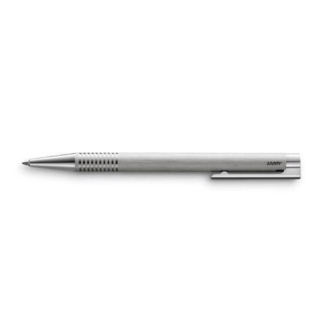 Elegant Lamy Logo Ballpoint in brushed steel with polished accents, designed for smooth and reliable writing.