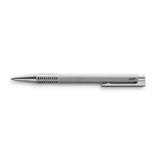 Elegant Lamy Logo Ballpoint in brushed steel with polished accents, designed for smooth and reliable writing.
