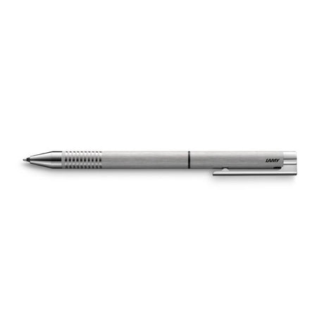 Elegant Lamy Logo Twin Pen in Brushed Steel, featuring a ballpoint and pencil in a capless design with ergonomic grip.