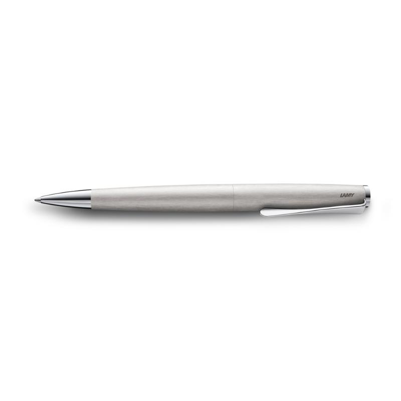 Lamy Studio Ballpoint Pen in brushed steel with unique clip, offering elegant design and smooth writing experience.