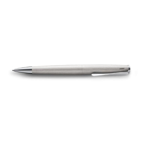 Lamy Studio Ballpoint Pen in brushed steel with unique clip, offering elegant design and smooth writing experience.