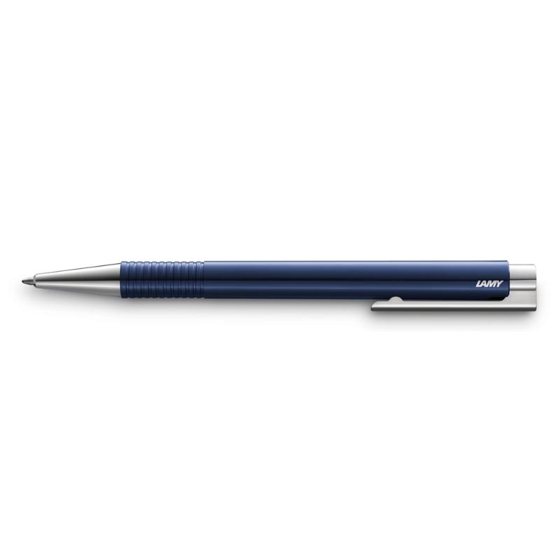 Lamy Logo Ballpoint M+ Blue (204): Elegant blue ABS barrel, steel clip, compatible with LAMY M 16 black ink cartridge.