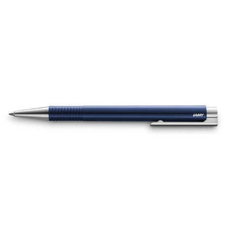 Lamy Logo Ballpoint M+ Blue (204): Elegant blue ABS barrel, steel clip, compatible with LAMY M 16 black ink cartridge.