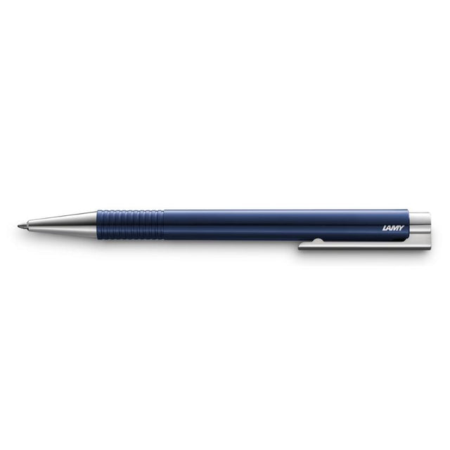 Lamy Logo Ballpoint M+ Blue (204): Elegant blue ABS barrel, steel clip, compatible with LAMY M 16 black ink cartridge.