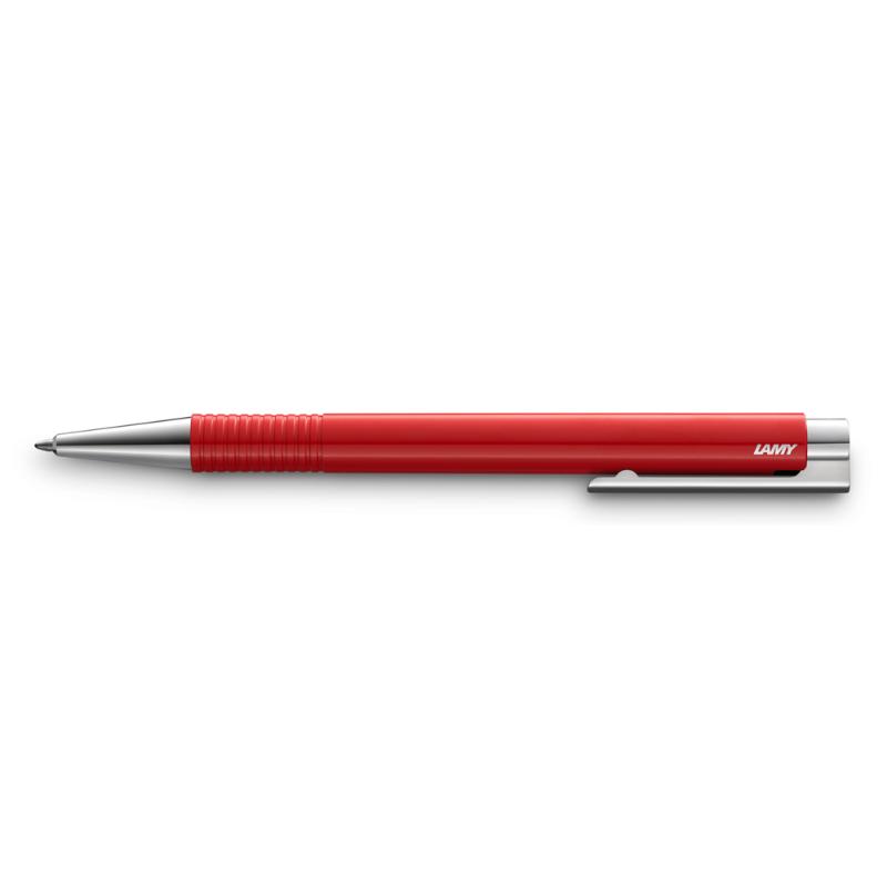 Lamy Logo Ballpoint M+ Red features a sleek red barrel and polished steel clip for stylish, comfortable writing.