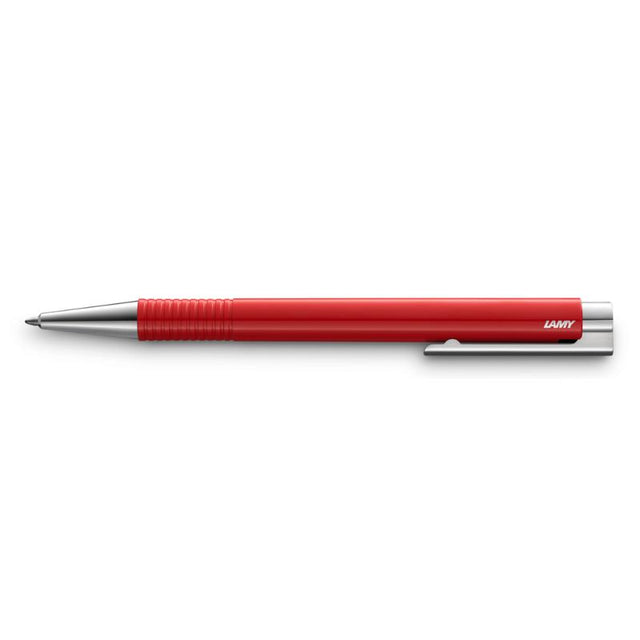 Lamy Logo Ballpoint M+ Red features a sleek red barrel and polished steel clip for stylish, comfortable writing.