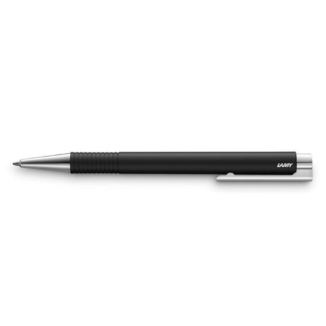 Lamy Logo Ballpoint M+ Black: sleek black ABS design with steel clip, perfect for smooth writing and refined stationery.