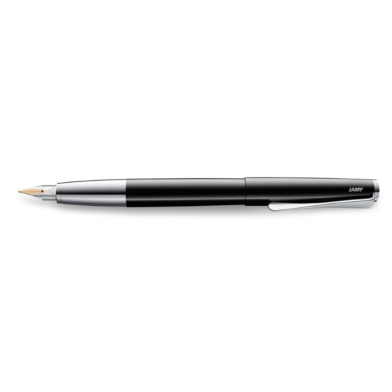 Lamy Studio Fountain Pen in Piano Black, featuring stainless steel barrel and 14 ct gold nib for a premium writing experience.