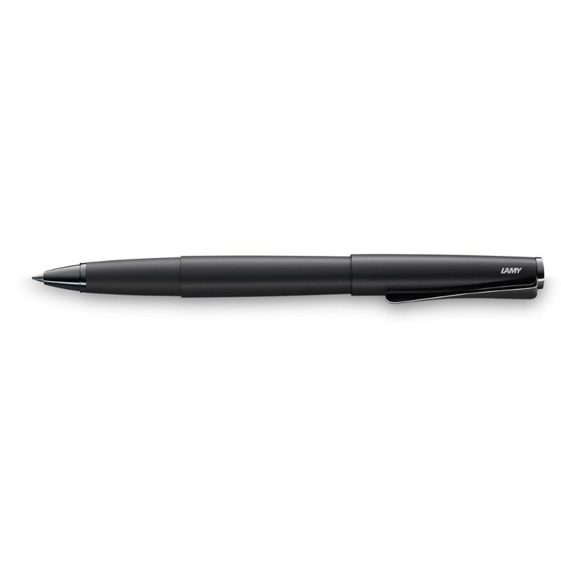 Lamy Studio Rollerball Lx All Black pen with sleek matte finish and unique propeller-shaped clip, ideal for elegant writing.