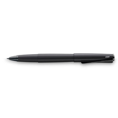 Lamy Studio Rollerball Lx All Black pen with sleek matte finish and unique propeller-shaped clip, ideal for elegant writing.