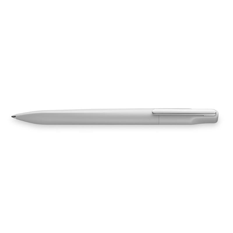 Lamy Xevo Light Grey ballpen featuring a sleek design, spring-loaded clip, and smooth twist-action mechanism.