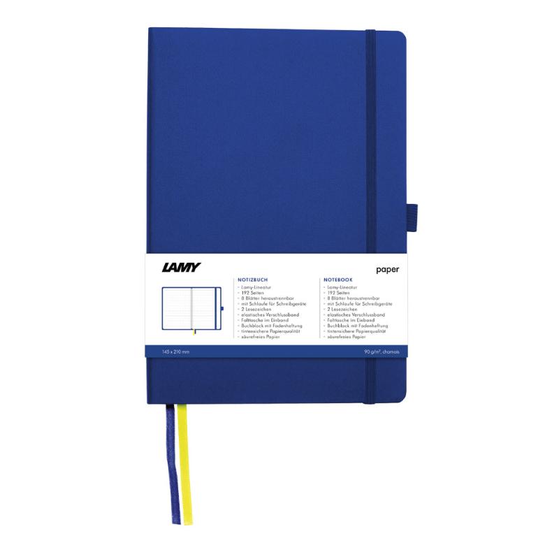 Lamy A5 Soft Cover Notebook in blue, featuring 192 bleedproof pages, two bookmarks, and a durable elastic closure.