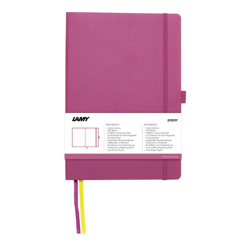 Lamy A6 pink soft cover notebook with 192 pages, elastic closure, folder pocket, and dual bookmarks for creative writing.