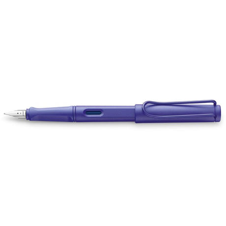 Lamy Safari Fountain Pen in vibrant violet with fine nib, ergonomic grip, and durable ABS plastic design.