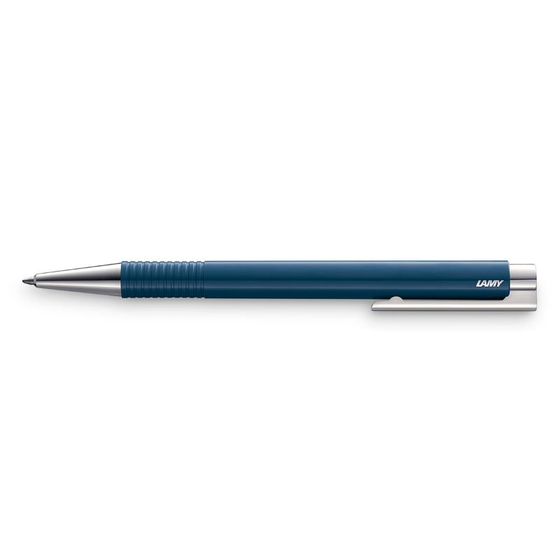 Lamy Logo M+ Ballpoint in Indigo, a sleek pen with premium design, spring-loaded clip, and effortless writing mechanism.