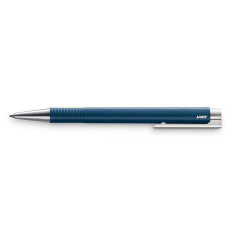 Lamy Logo M+ Ballpoint in Indigo, a sleek pen with premium design, spring-loaded clip, and effortless writing mechanism.