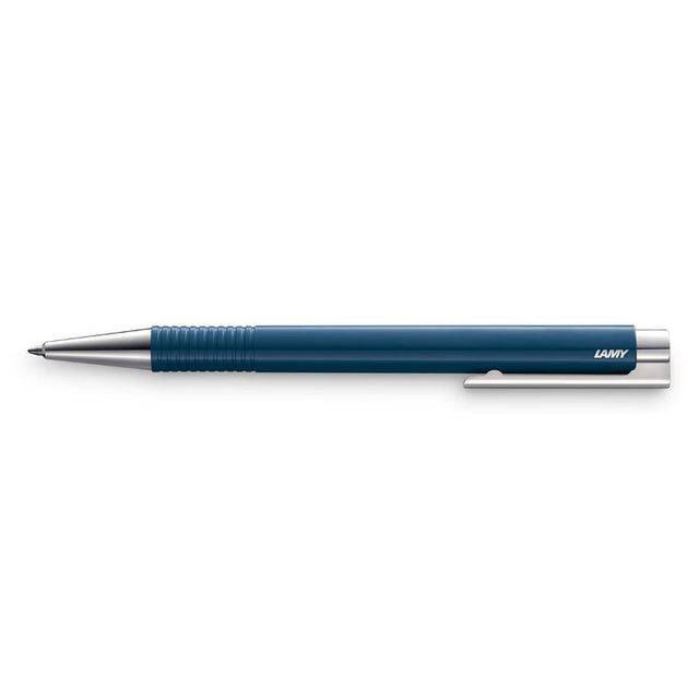 Lamy Logo M+ Ballpoint in Indigo, a sleek pen with premium design, spring-loaded clip, and effortless writing mechanism.