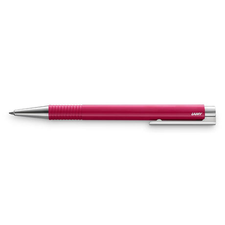 Lamy Logo M+ Ballpoint in vibrant raspberry, ergonomic design, spring-loaded clip for convenience, perfect for smooth writing.
