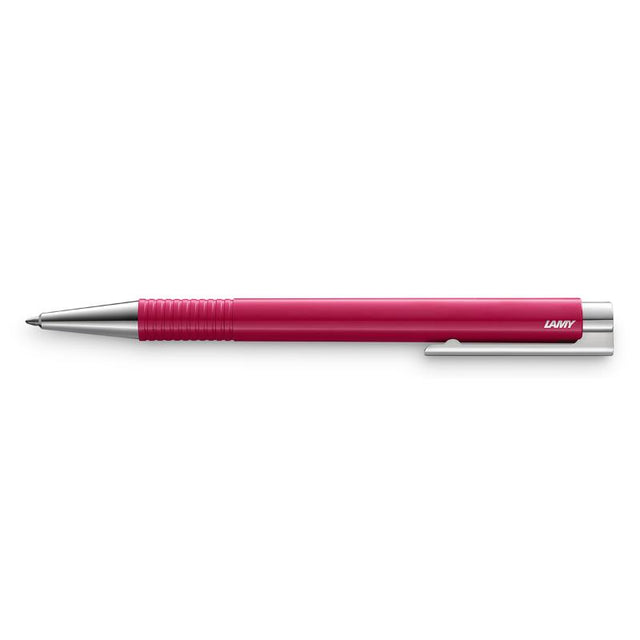 Lamy Logo M+ Ballpoint in vibrant raspberry, ergonomic design, spring-loaded clip for convenience, perfect for smooth writing.