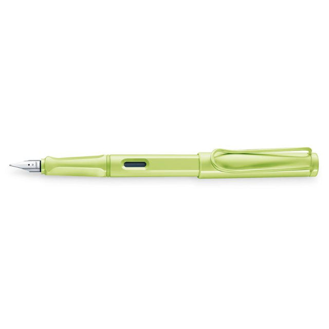 Lamy Safari Fountain Pen in vibrant Springgreen, featuring ergonomic grip and polished steel medium nib for smooth writing.