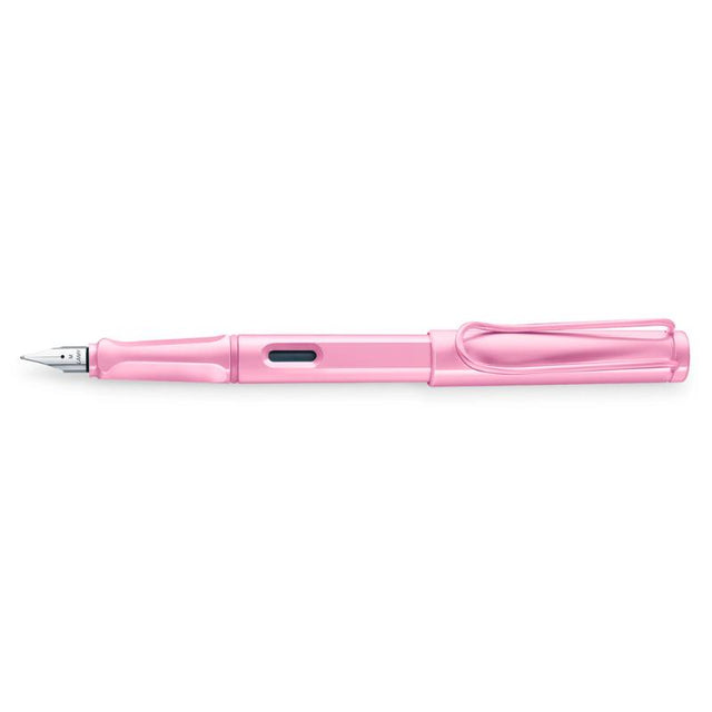 Light rose Lamy Safari Fountain Pen with ergonomic grip, fine nib, and timeless design by Wolfgang Fabian.
